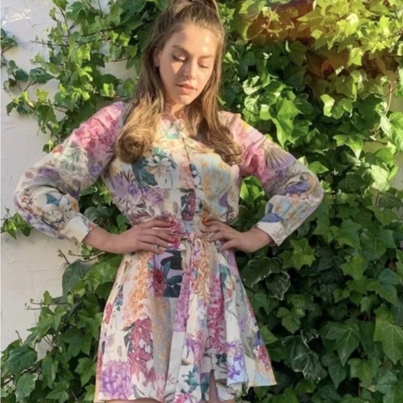 ZARA Floral Parrot Linen Blend Mini Dress Belted Long Sleeve Size Medium - Picture 4 of 16